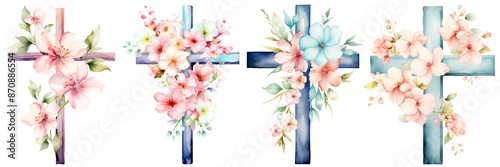 Watercolor floral cross decorated with pink and blue flowers and green leaves, delicate and elegant design. Watercolor Clipart on Transparent Background.
