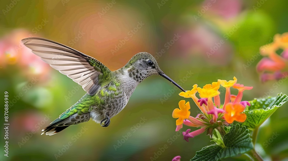 A hummingbird captured in mid-flight, wings a blur, feeding on nectar from a flower, bright daylight A hummingbird captured in mid-flight, wings a blur, feeding on nectar from a flower, bright daylight