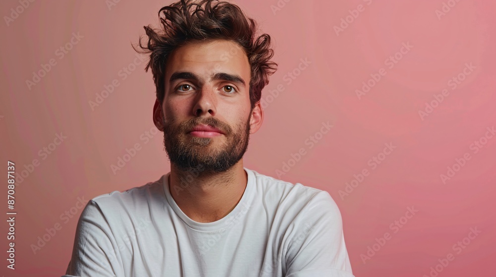 Obraz premium Portrait of a Young Man with Beard and Casual White T-Shirt Against a Pink Background