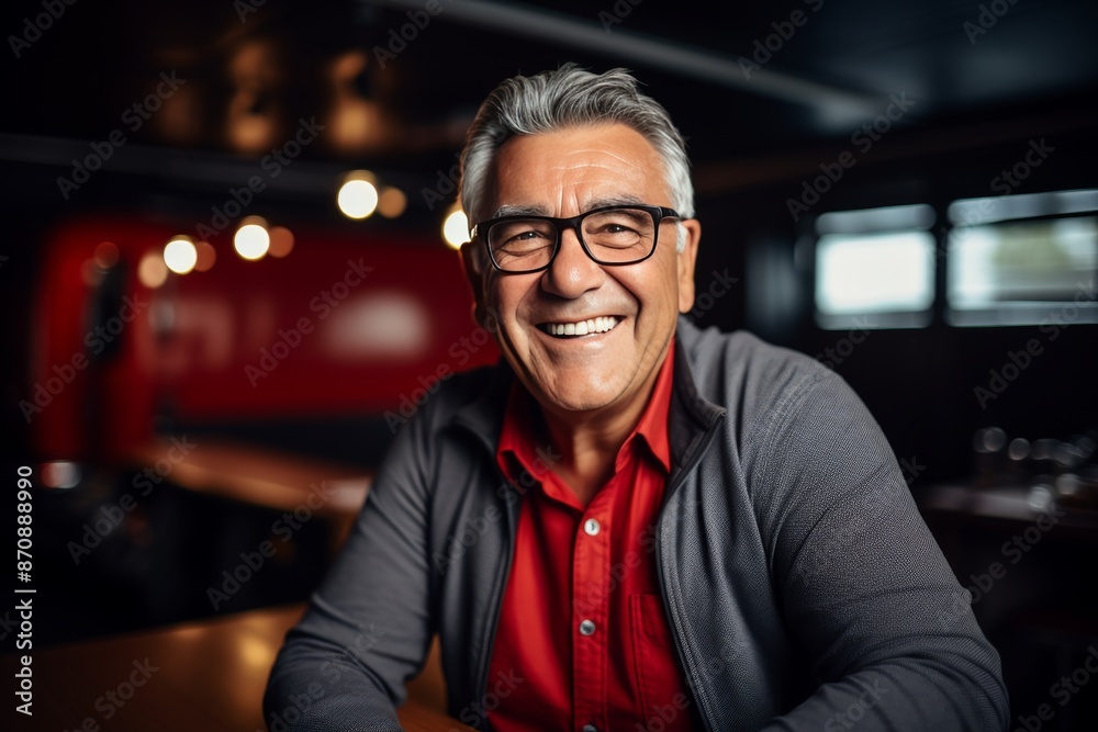 Experienced truck driver smiling at camera, showcasing professionalism behind the wheel Experienced truck driver smiling at camera, showcasing professionalism behind the wheel