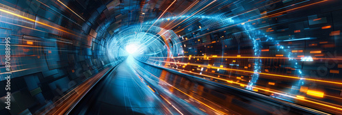 High-speed tunnel with orange and blue lights