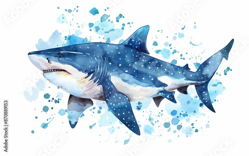 Watercolor illustration of blue shark isolated on white background with paint splashes around. Digital art. photo