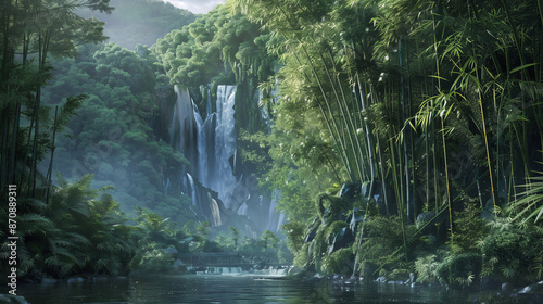 Lush groves of bamboo and cascading waterfalls adorn the landscape. photo