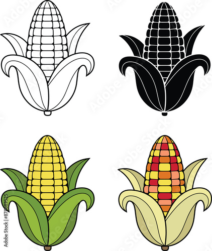 Cartoon Corn on the Cob Clipart Illustration - Isolated Outline, Silhouette and Color