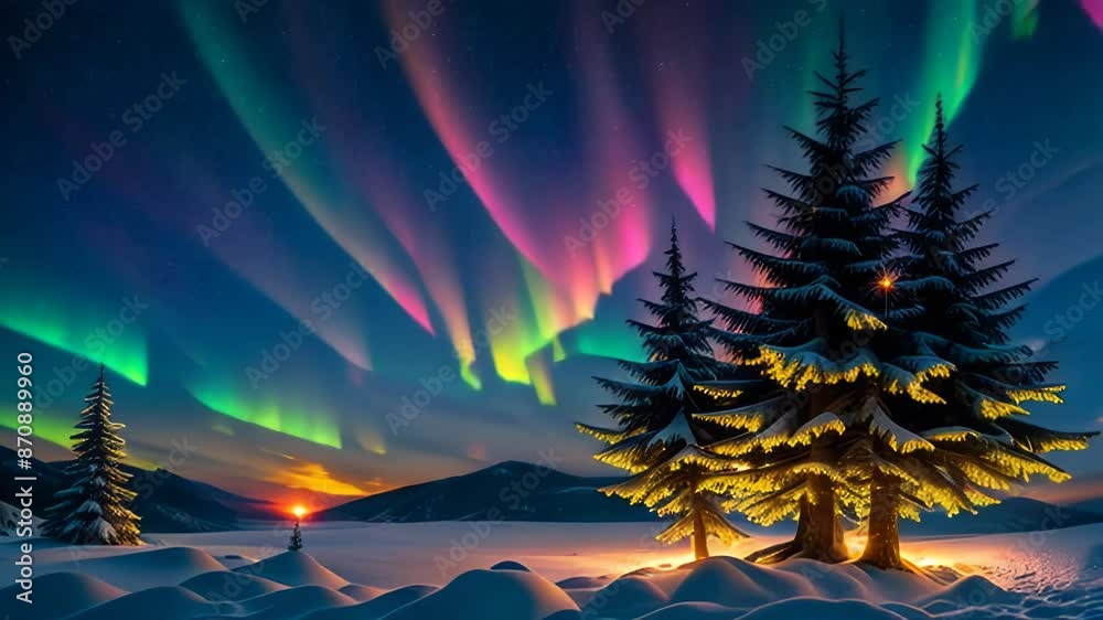 Christmas trees against the background of the aurora borealis Christmas trees against the background of the aurora borealis