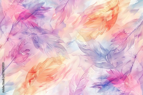 A colorful painting of leaves with a watercolor effect