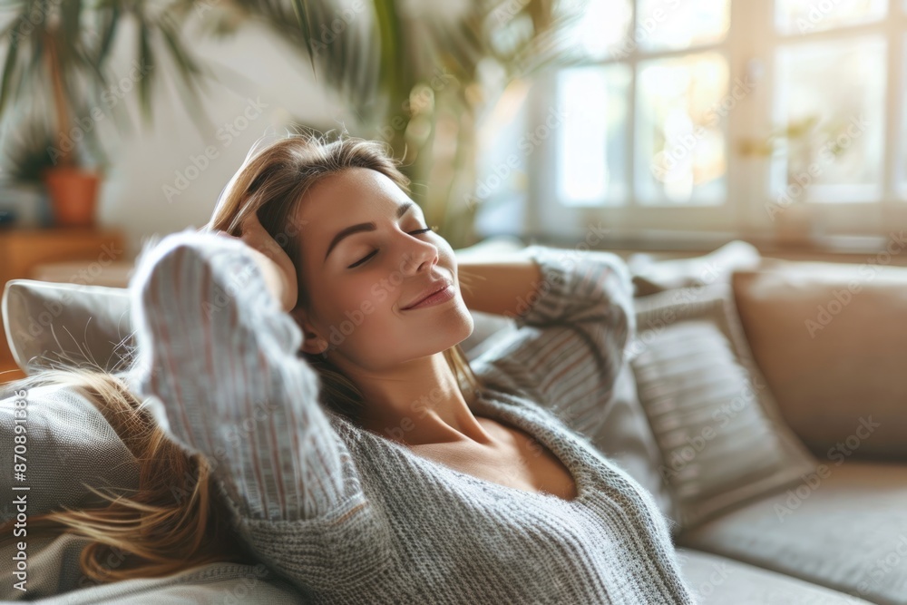 Young woman relaxes on sofa dreams of wellbeing at home. Young woman relaxes on sofa dreams of wellbeing at home.