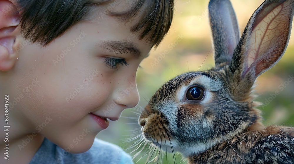 Innocent Affection - Close-Up of Young Boy and Rabbit Sharing a Tender Moment of Love and Connection Innocent Affection - Close-Up of Young Boy and Rabbit Sharing a Tender Moment of Love and Connection