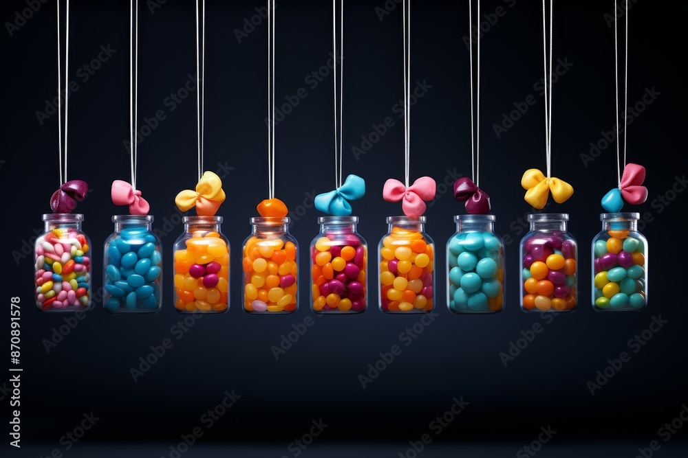 Fototapeta premium Colorful happy birthday flags hanging on rope against blue background with yellow candy