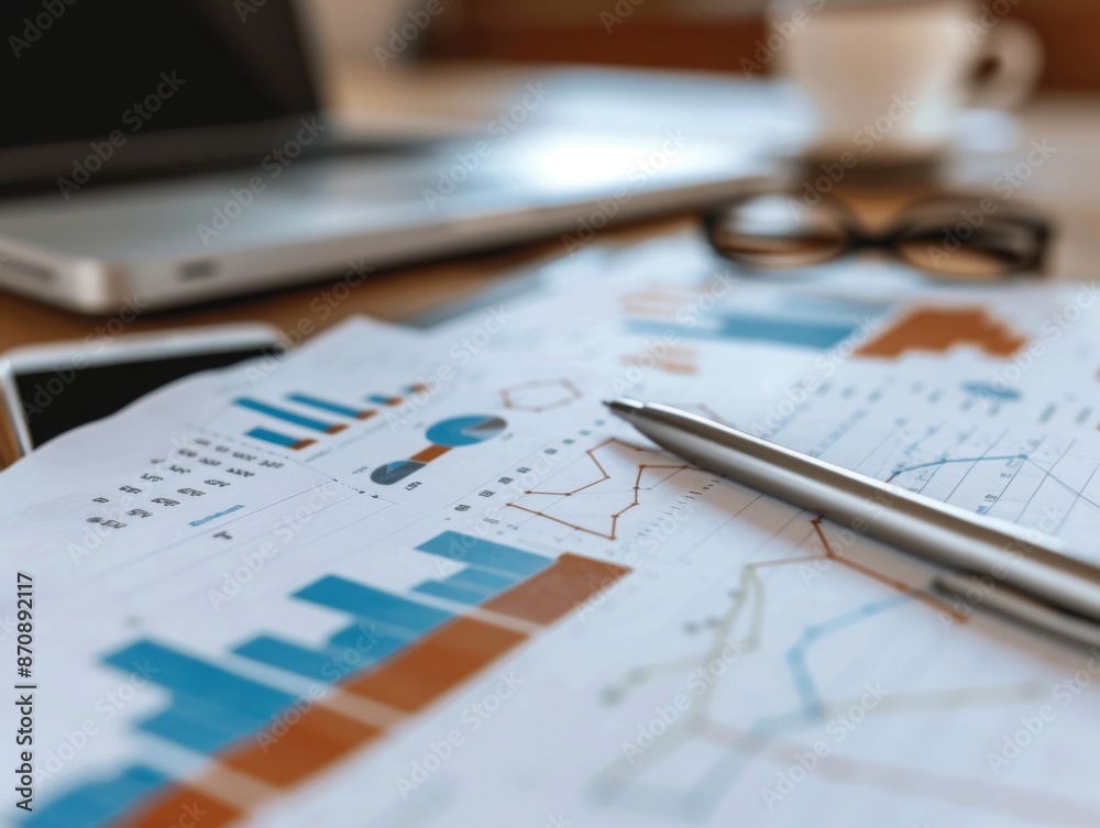 Office desk with financial charts, documents, pen, laptop, and coffee, illustrating business analysis and financial planning. Office desk with financial charts, documents, pen, laptop, and coffee, illustrating business analysis and financial planning.