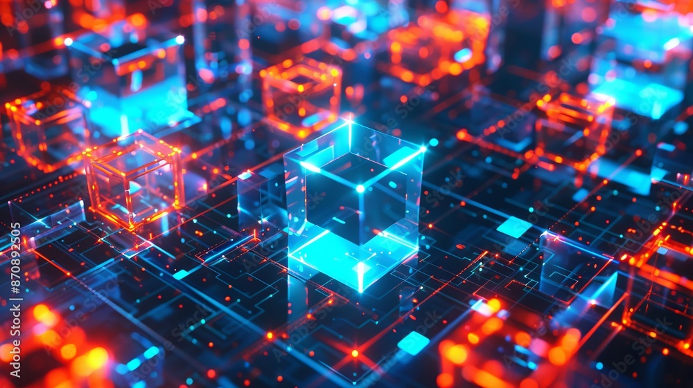 Fototapeta premium Futuristic Digital Cube Network with Neon Lights
