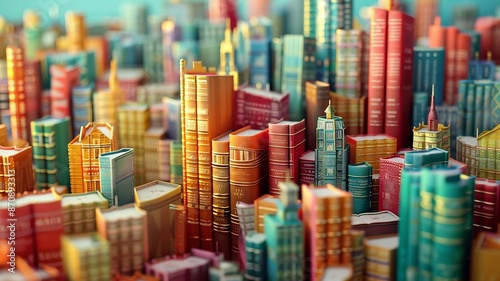 Colorful Miniature Cityscape Composed of Stacked Books in Daylight © Omtuanmuda