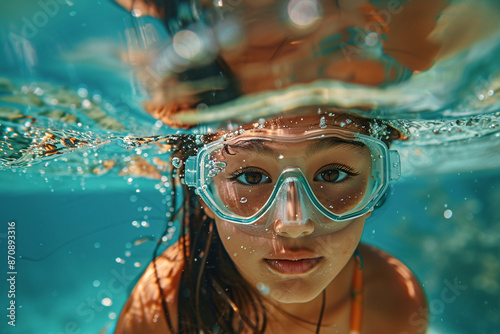 A young woman wearing swimming goggles underwater © Dennis