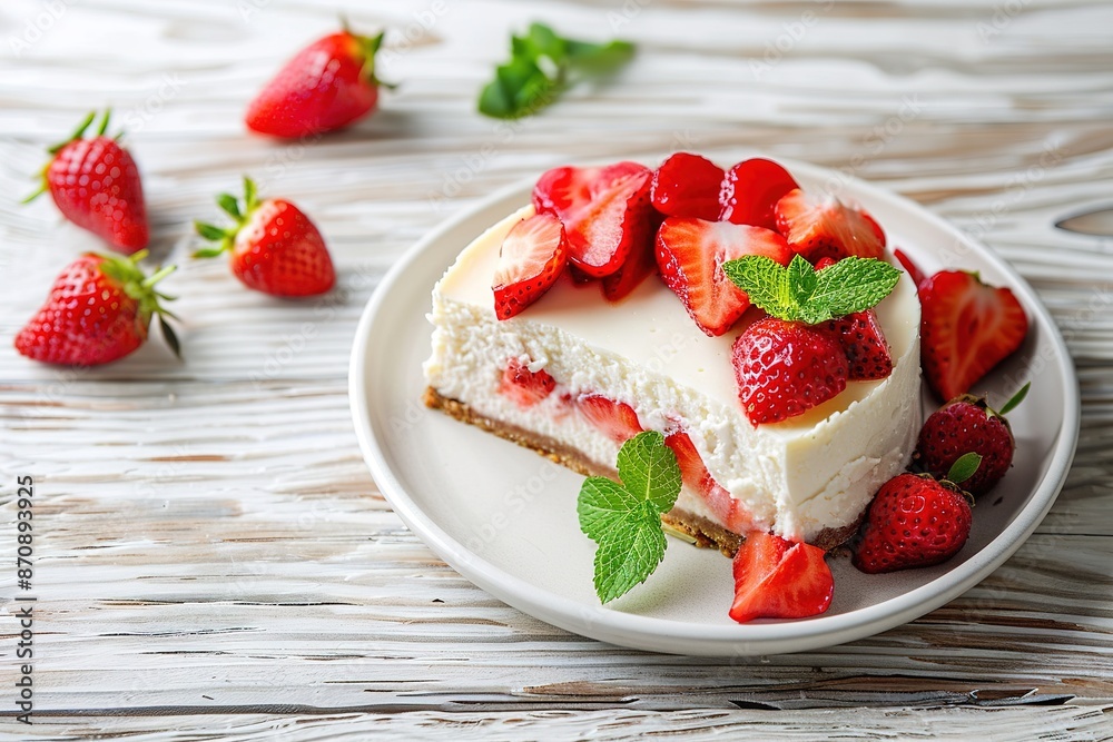 A slice of strawberry cheesecake with a mint leaf on top A slice of strawberry cheesecake with a mint leaf on top