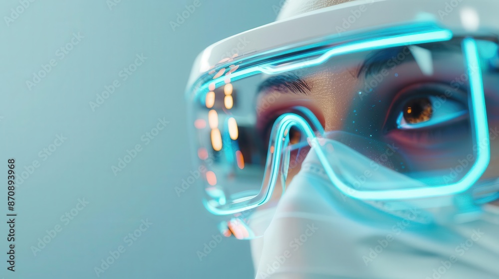 Close-up of a woman wearing futuristic goggles and a face mask. Close-up of a woman wearing futuristic goggles and a face mask.