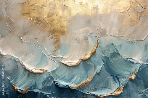 abstract wavy background, gold and blue oil painting with thick brush strokes photo