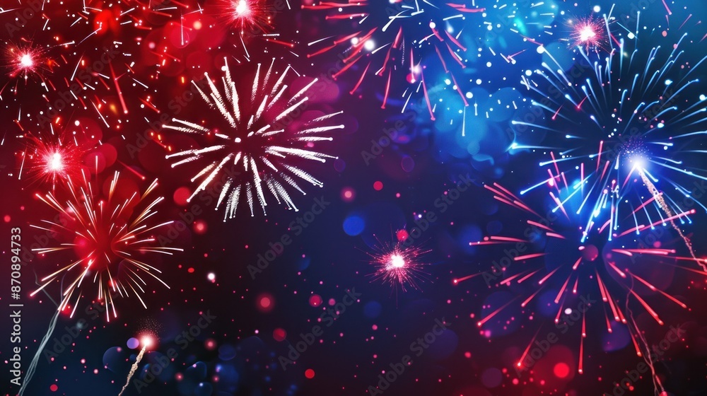 Fototapeta premium Burst of vibrant red and blue fireworks in dark sky.
