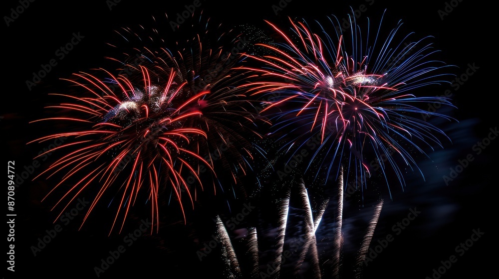 Two vibrant firework explosions of red and blue light. Two vibrant firework explosions of red and blue light.