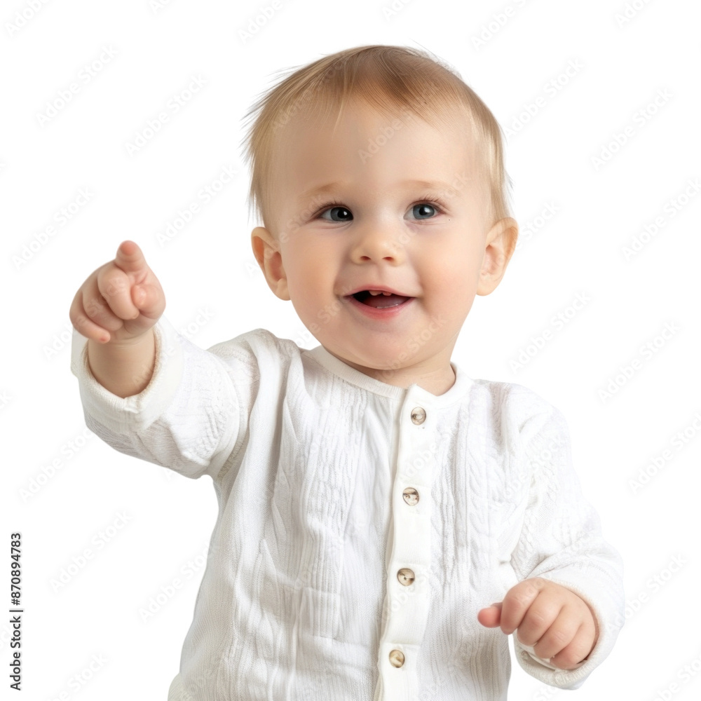 Lovey baby pointing to choose and press white background