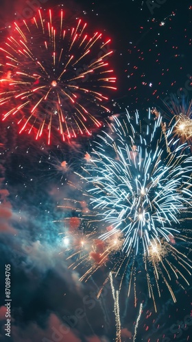 Magnificent red and blue fireworks illuminating night