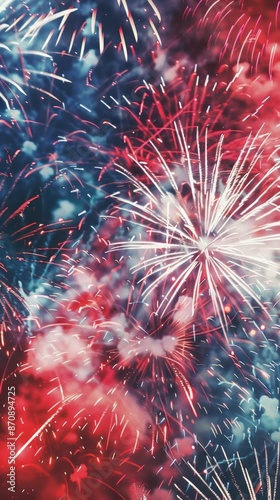 Patriotic-colored fireworks with red, white, blue theme