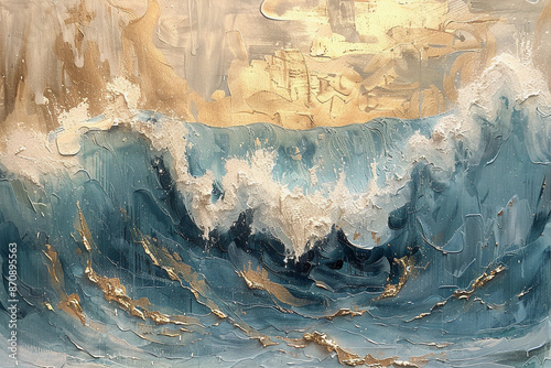 abstract waves, gold and blue oil painting with thick brush strokes photo