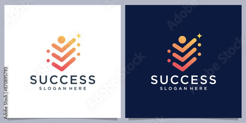 creative simple people success logo, stack concept people with tick reaching dream star design.