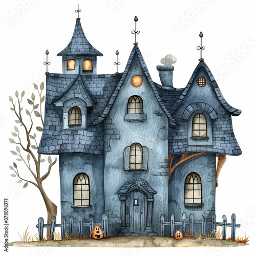 A cartoon haunted house with blue walls and a gray roof, Halloween, white background © Suphakorn
