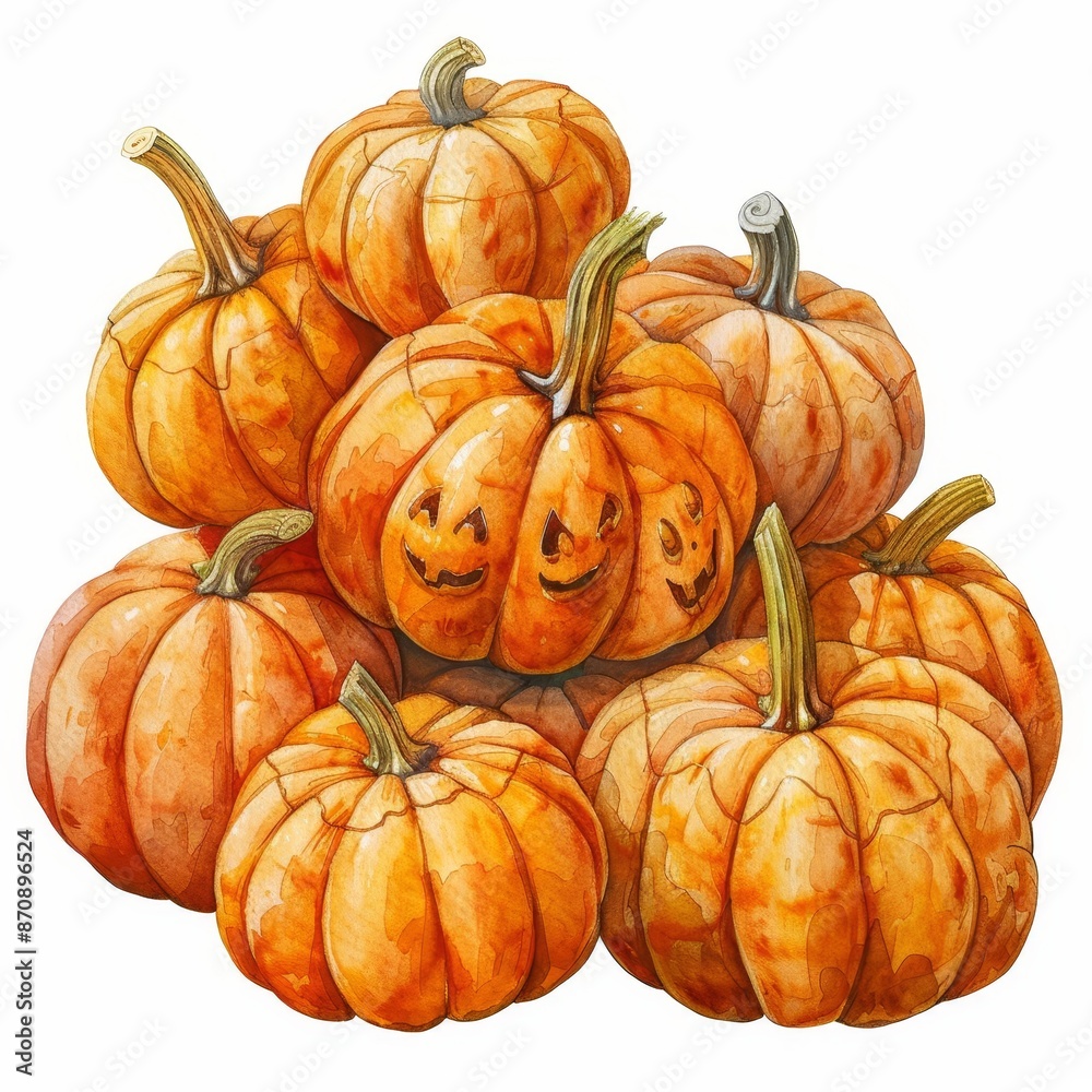 Fototapeta premium A stack of pumpkins of various sizes with happy faces carved into them, Halloween, white background