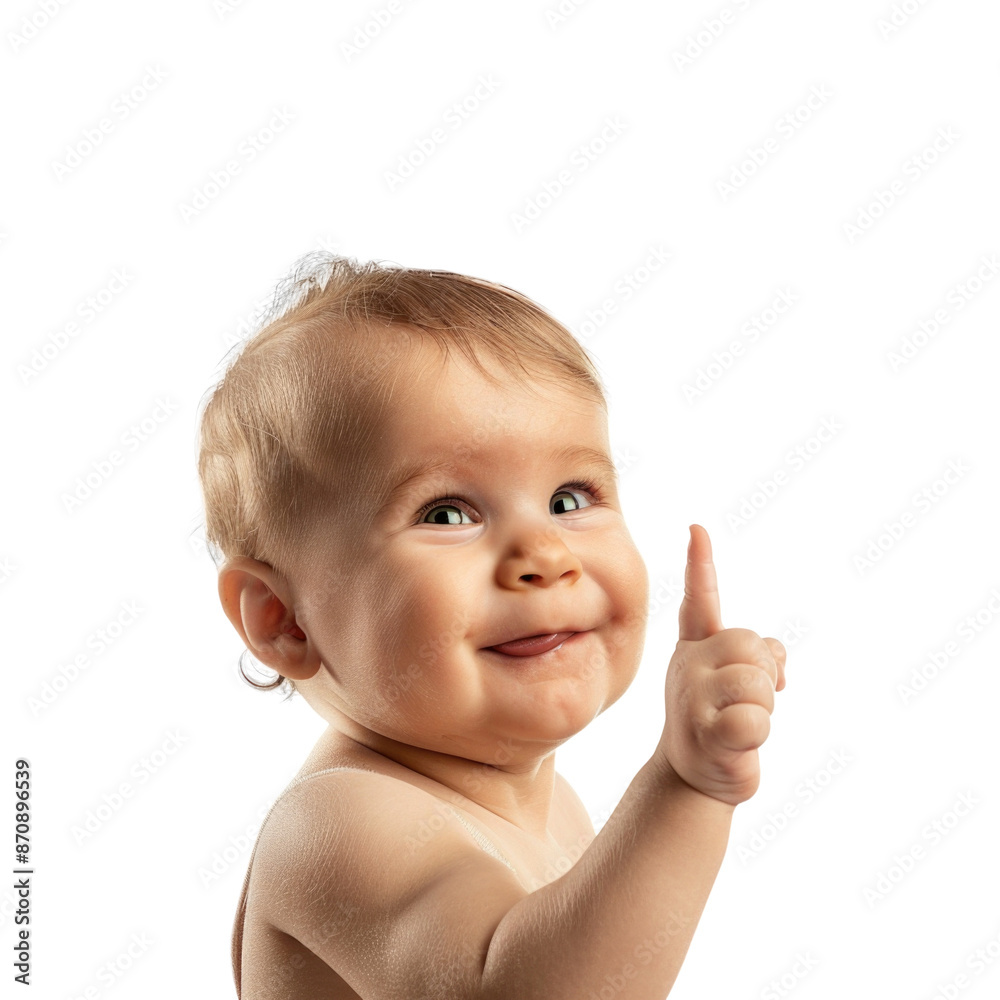 Lovey baby pointing to choose and press white background Lovey baby pointing to choose and press white background