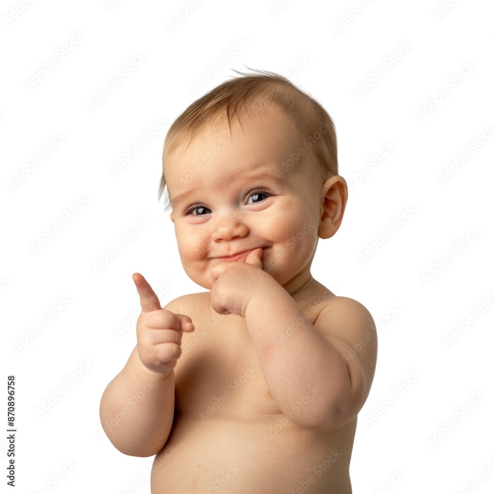 Lovey baby pointing to choose and press white background Lovey baby pointing to choose and press white background