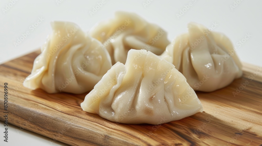 Raw dumplings on a wood panel against a white backdrop Raw dumplings on a wood panel against a white backdrop