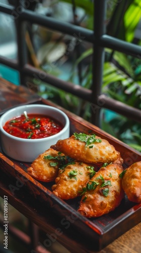 A close-up view of delicious empanadas with a side of salsa photo