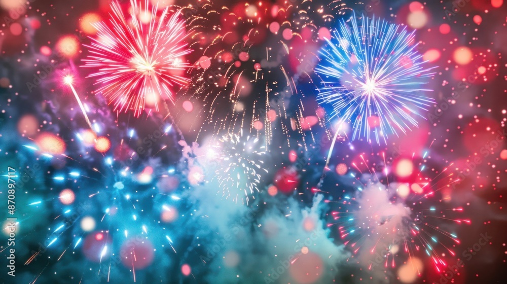 Red and Blue Fireworks Exploding in Night Sky View Red and Blue Fireworks Exploding in Night Sky View