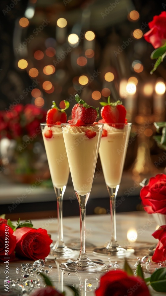 Three creamy desserts with strawberries, roses, and warm lighting