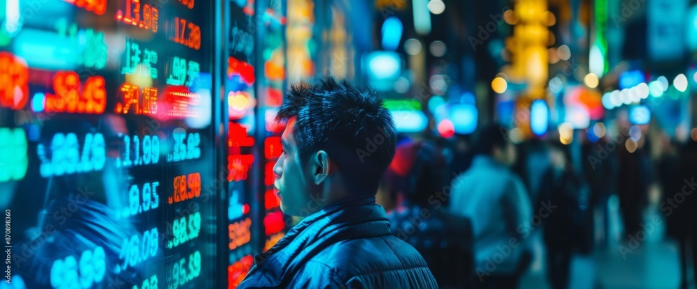 City street at night featuring bright neon lights and a digital display with financial data, creating a dynamic urban scene.