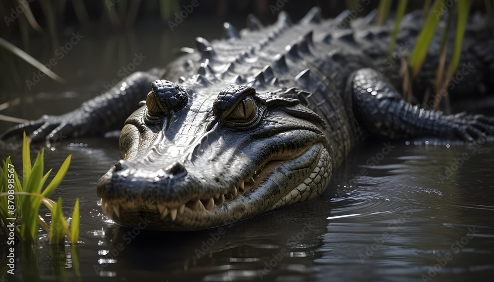 Fototapeta premium In the murky waters a formidable crocodile lurks and its sinister gaze fixed on its surroundings with sharp focus