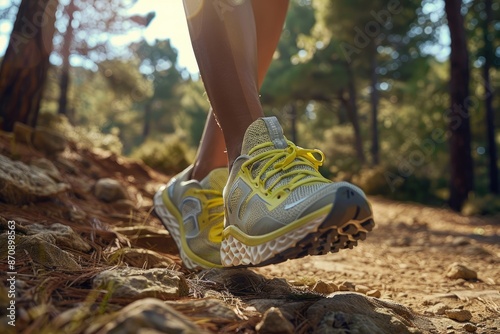 Primer plano de zapatillas de running en un camino de tierra, mostrando su diseño ergonómico y resistencia