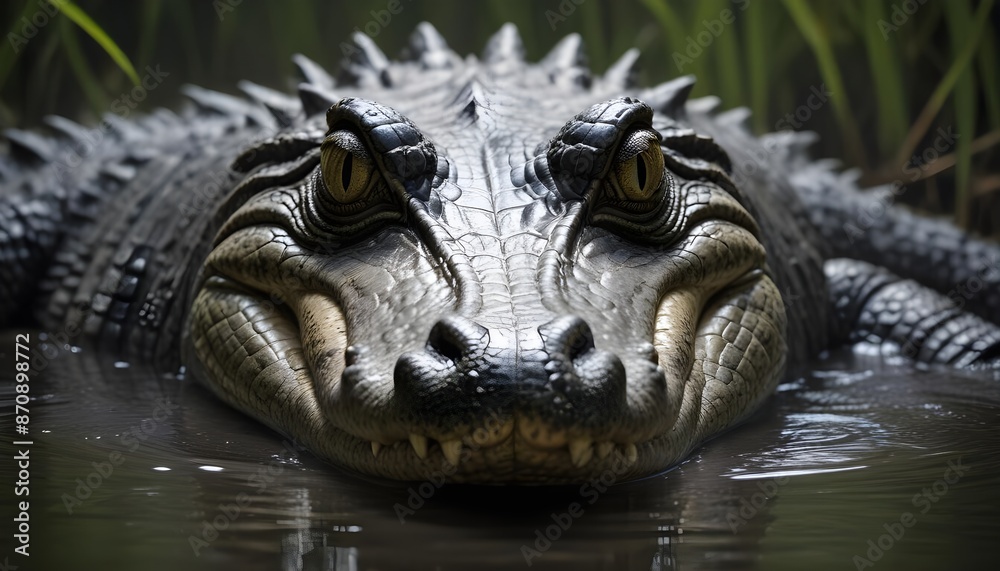 Obraz premium In the murky waters a formidable crocodile lurks and its sinister gaze fixed on its surroundings with sharp focus
