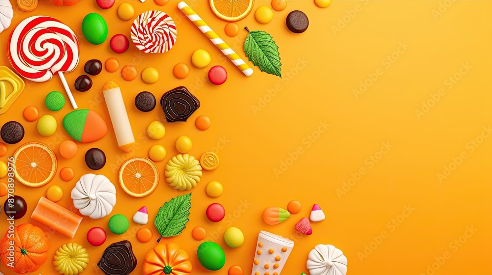 Cheerful candy assortment with pumpkins, lollipops, and chocolates against a bright orange background Cheerful candy assortment with pumpkins, lollipops, and chocolates against a bright orange background