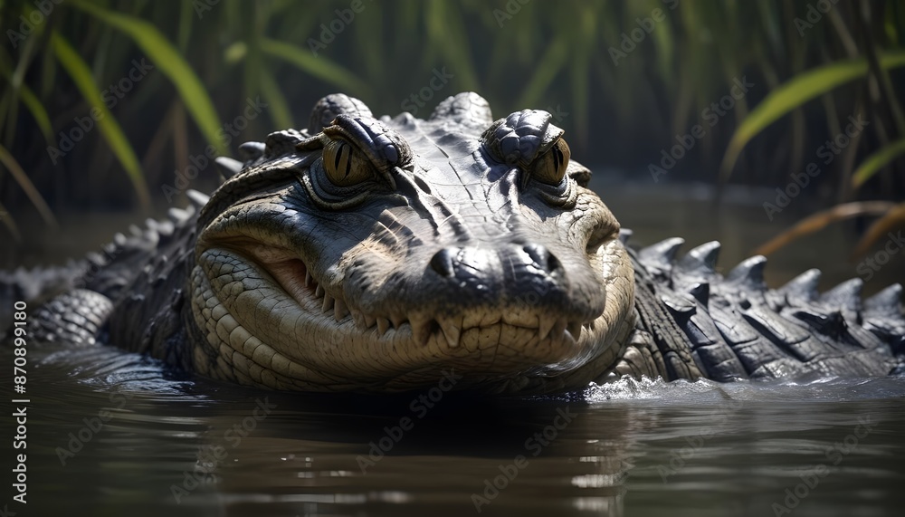 Obraz premium In the murky waters a formidable crocodile lurks and its sinister gaze fixed on its surroundings with sharp focus