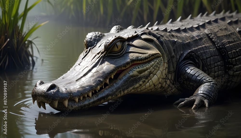Obraz premium In the murky waters a formidable crocodile lurks and its sinister gaze fixed on its surroundings with sharp focus