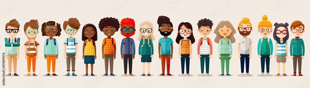 Illustration of diverse individuals standing side by side, showing unity and diversity Illustration of diverse individuals standing side by side, showing unity and diversity