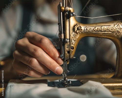 A person sewing on a vintage sewing machine photo