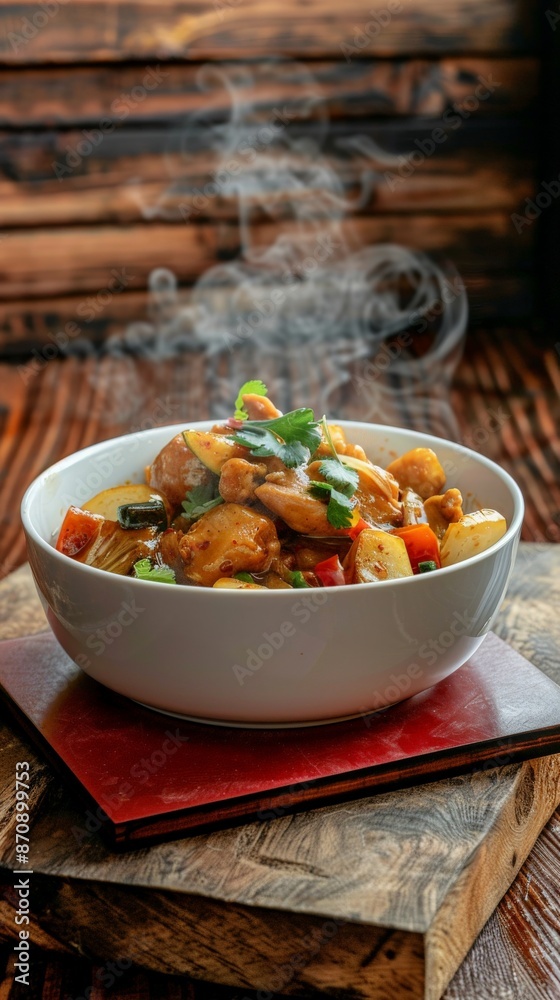 A bowl of steaming chicken curry with vegetables A bowl of steaming chicken curry with vegetables