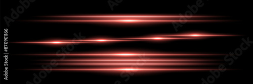 Red horizontal lens flares pack. Laser beams, horizontal light rays. Beautiful light flares. Glowing streaks on dark background. Luminous abstract sparkling lined background