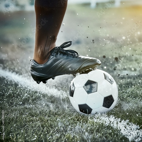 Soccerball being Kicked by Player - Football Game - Ball being Kicked by Soccerplayer wearing Kicks - Ball right before Goal or Impact - Special Effects in Stadium - Start of the Sports Game photo