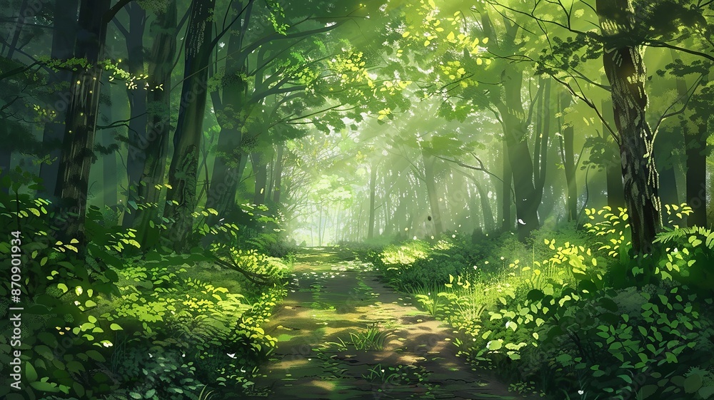 Fototapeta premium Tranquil Sunlit Forest Path with Lush Greenery and Light Rays