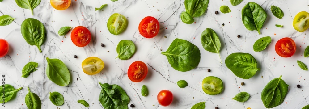 Fresh Colorful Tomatoes and Basil Leaves on White Background Fresh Colorful Tomatoes and Basil Leaves on White Background