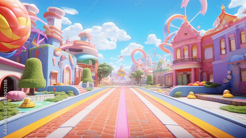 Obraz premium Fantasy Candy Village with Vibrant Houses and Lollipop Decorations Under Blue Sky. Generative AI
